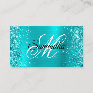 Carte De Visite Glitterie Turquoise Bleu Foil Fancy Monogramme