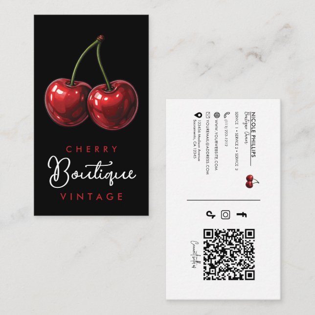 Carte De Visite Glossy Rouge cerises Retro Glam (Devant / Derrière)