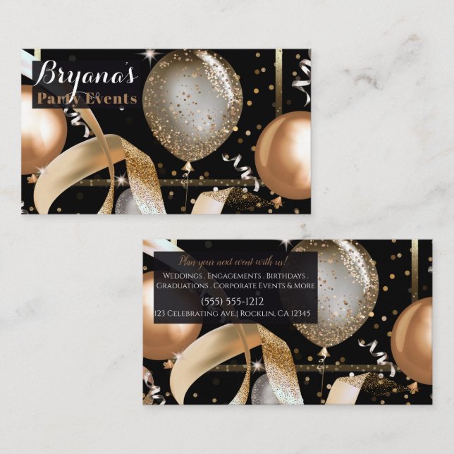 Carte De Visite Gold Balloons Chic Black Party Event Planner (Devant / Derrière)