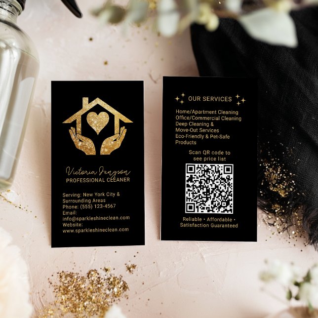 Carte De Visite Gold Black Cleaning Service Maid QR Code Logo (Gold Black Cleaning Service Maid QR Code Logo Business Card)