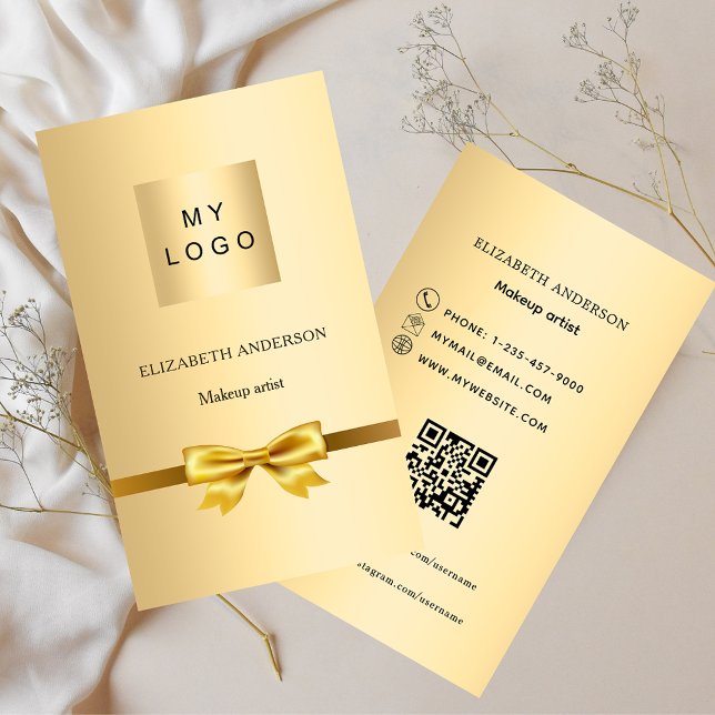 Carte De Visite Gold bow logo Qr code social media premium (Créateur téléchargé)