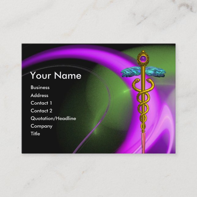 CARTE DE VISITE GOLD CADUCEUS, PURPLE VERT VIOLET FRACTAL SWIRLS (Devant)