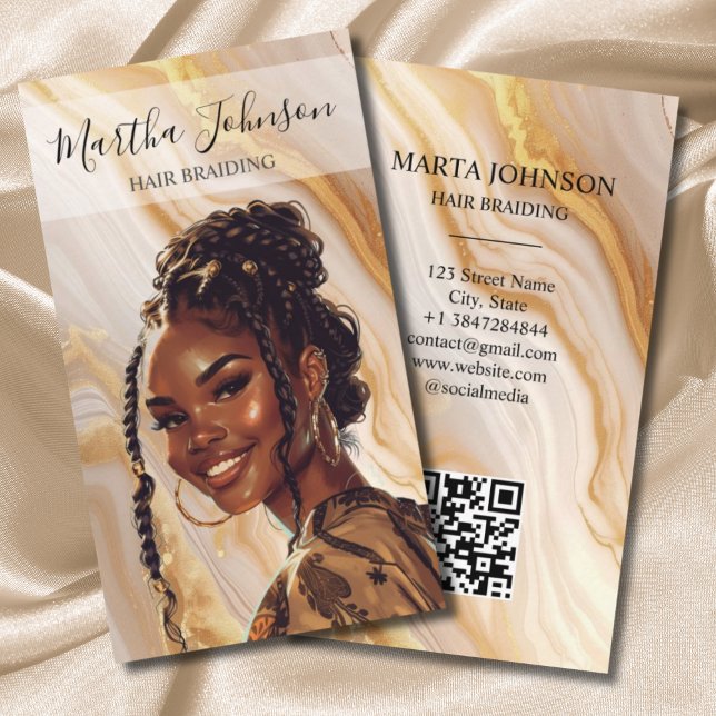 Carte De Visite Gold Chic Afro American Braids Braiding QR Code (Créateur téléchargé)