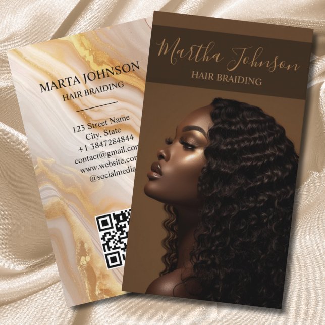 Carte De Visite Gold Chic Afro American Braids Braiding QR Code (Créateur téléchargé)