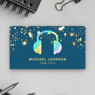Carte De Visite Gold Confetti Blue Rainbow Headphones Music DJ