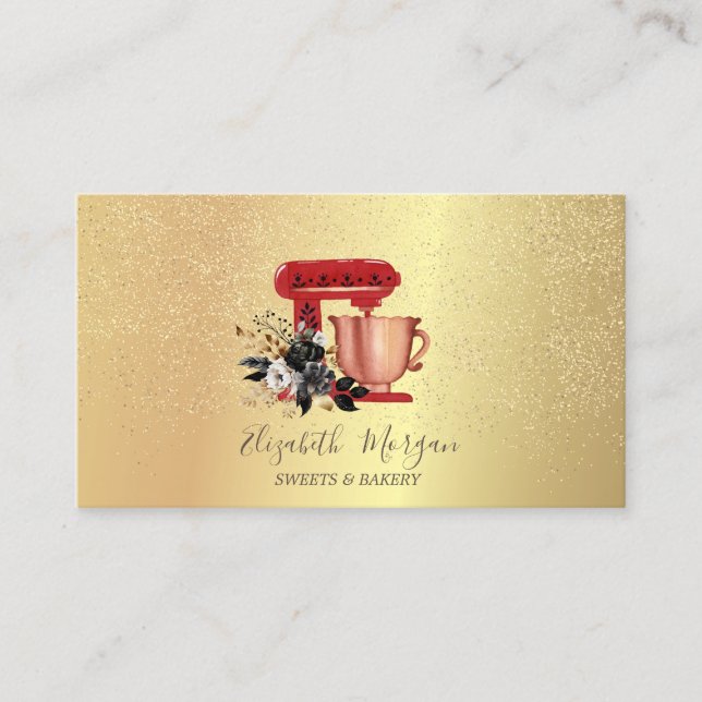 Carte De Visite Gold Confetti Boulangerie Floral Mélangeur rouge (Devant)