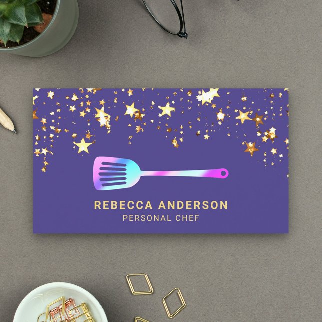 Carte De Visite Gold Confetti Purple Rainbow Spatula Chef personne (Créateur téléchargé)