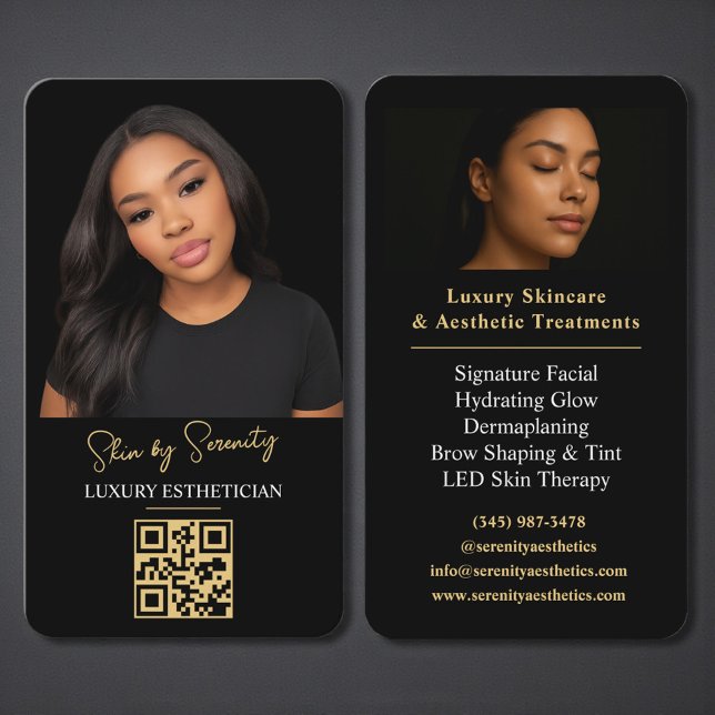 Carte De Visite Gold Esthetician QR Code Luxury Black Beauty (Créateur téléchargé)