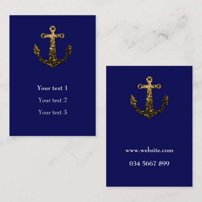 Carte De Visite Gold faux scintille Ancre bleu marine Personnalise (Devant / Derrière)