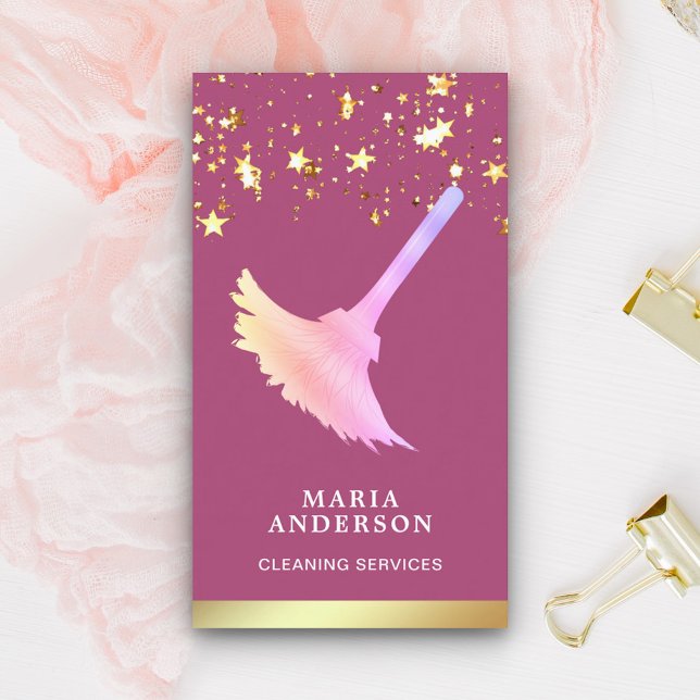 Carte De Visite Gold Foil Confetti Pink Duster Cleaning Service (Créateur téléchargé)