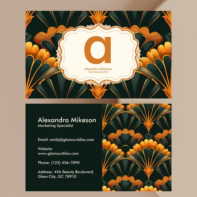 Carte De Visite Gold Green Elegant Art Déco Professionnel (Créateur téléchargé)
