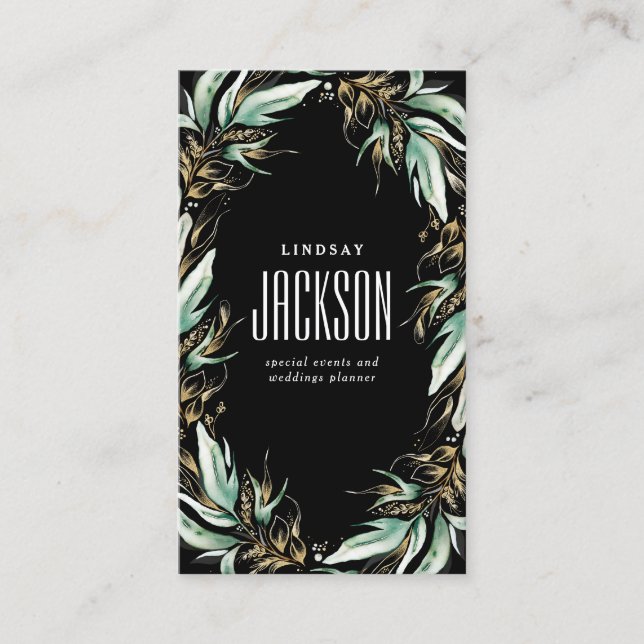 Carte De Visite Gold Green Wreath Stylish Luxe Solid Black (Devant)