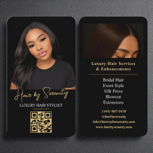 Carte De Visite Gold Hair Stylist QR Code Luxury Black Beauty