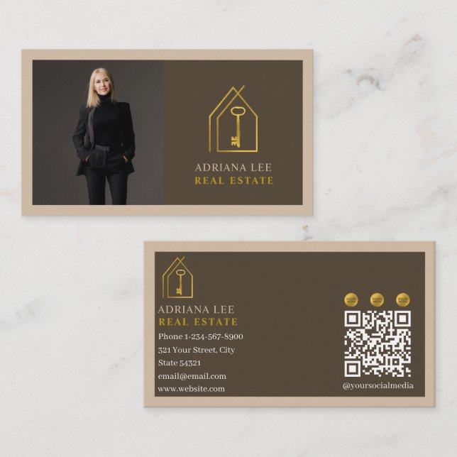 Carte De Visite Gold Key Photo Real Estate Agent QR Code Brown (Devant / Derrière)
