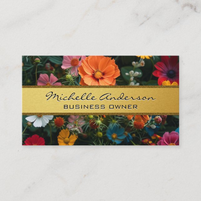 Carte De Visite Gold Metallic Band | Fleurs colorées (Devant)