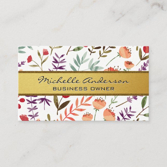 Carte De Visite Gold Metallic Band | Fleurs et Motif Feuille (Devant)