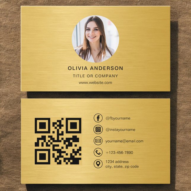 Carte De Visite Gold Metallic Photo with QR Code Social Media (Créateur téléchargé)