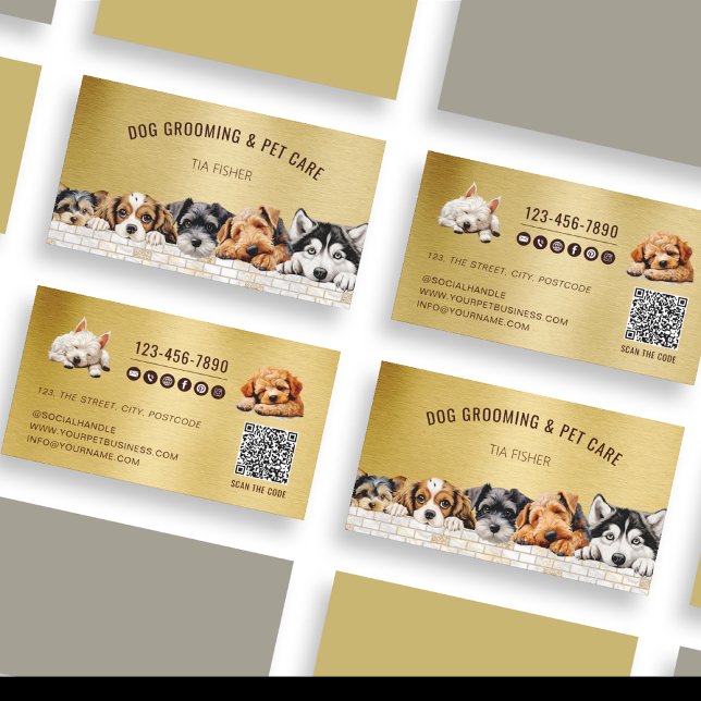 Carte De Visite Gold Metallic QR Code Social Media Chien Grooming (Créateur téléchargé)
