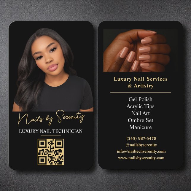 Carte De Visite Gold Nails Technician QR Code Luxe Noir (Créateur téléchargé)