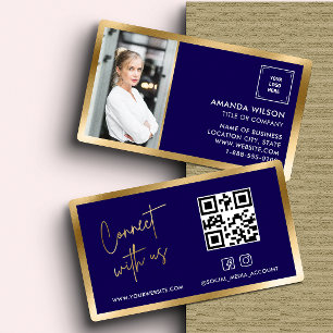 Carte De Visite GOLD NAVY Social Media QR Code Photo et logo