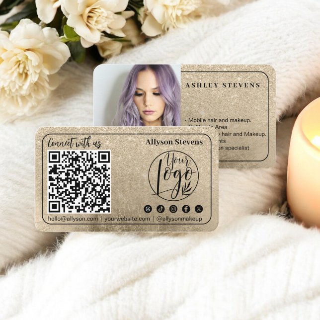 Carte De Visite Gold parties scintillant Médias sociaux Code QR Lo (Gold glitter Social Media QR Code Photo Logo Business Card)