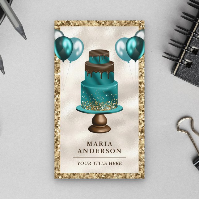 Carte De Visite Gold Parties scintillant Turquoise Cake Balloons P (Créateur téléchargé)