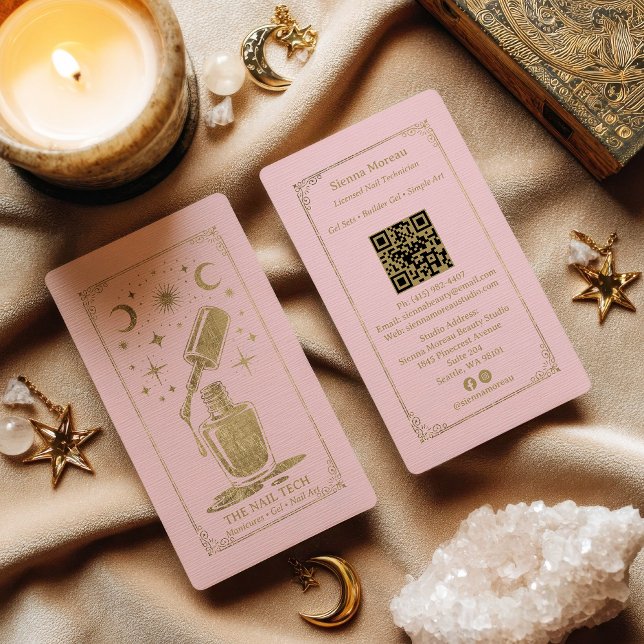 Carte De Visite Gold Pink Celestial Tarot Nail artist QR Code (Gold Pink Celestial Tarot Nail artist QR Code Business Card)