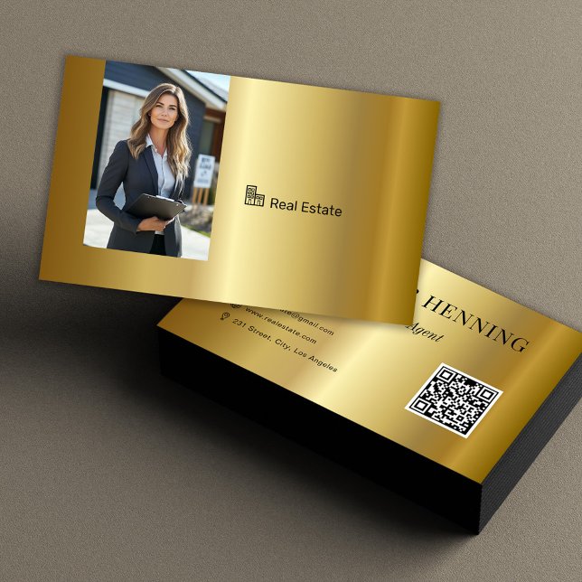 Carte De Visite Gold Professional Real Estate Agent Photo QR Code (Créateur téléchargé)