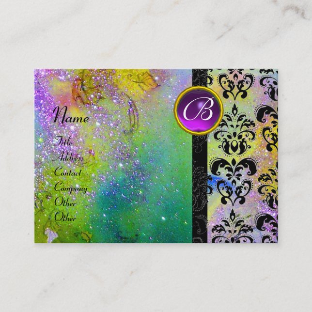 Carte De Visite GOLD PURPLE SPARKLING DAMASK MONOGRAM vert jaune (Devant)