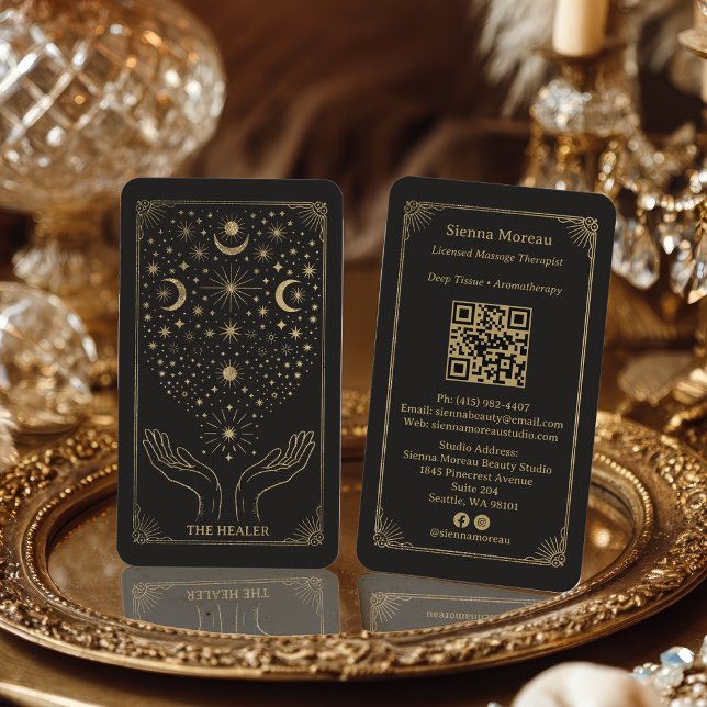Carte De Visite Gold Retro Celestial Tarot Massage Reiki QR (Gold Retro Celestial Tarot Massage Reiki QR Business Card)