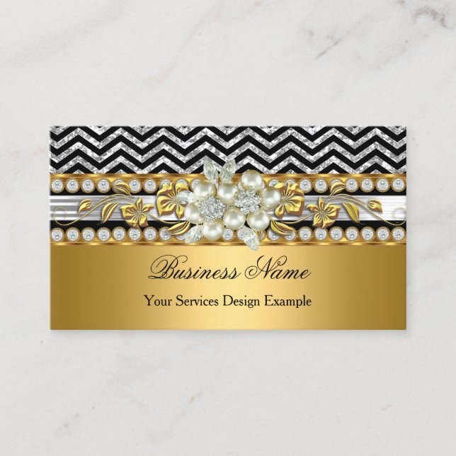Carte De Visite Gold Silver Black Chevron Diamond Pearl Floral (Devant)