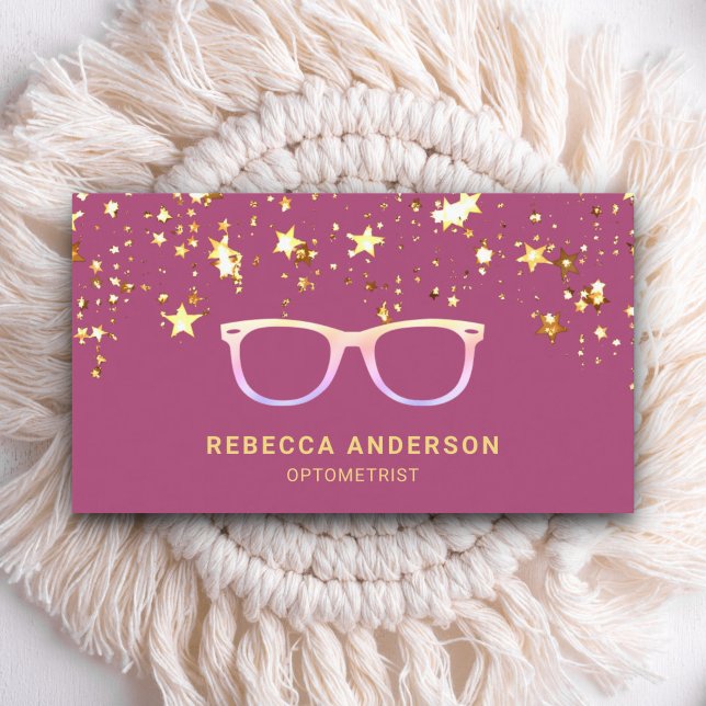 Carte De Visite Gold Stars Confetti Lunettes d'oeil rose Opticien (Créateur téléchargé)