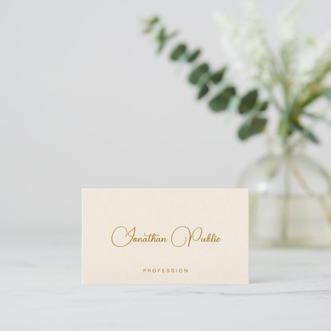Carte De Visite Gold Text Handwritten Name Luxury Signature Cream (Debout devant)