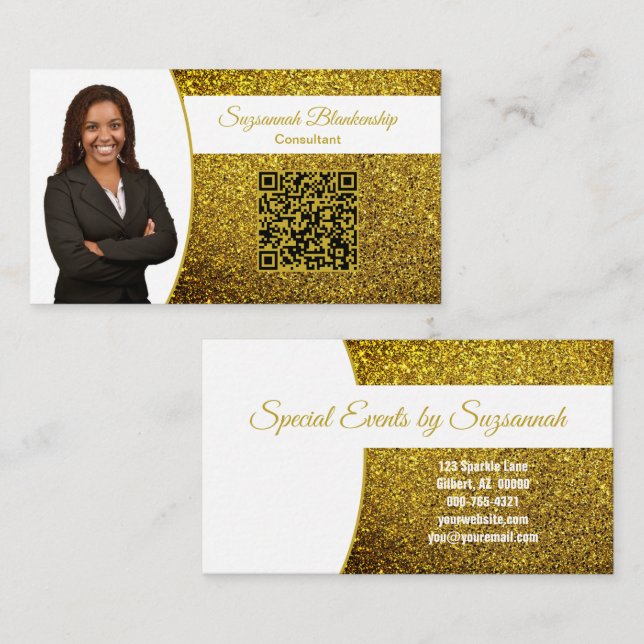 Carte De Visite Golden Faux Glitter, Professiona Photo & QR Code (Devant / Derrière)