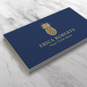 Carte De Visite Golden Pineappy Logo Elegant Navy Blue