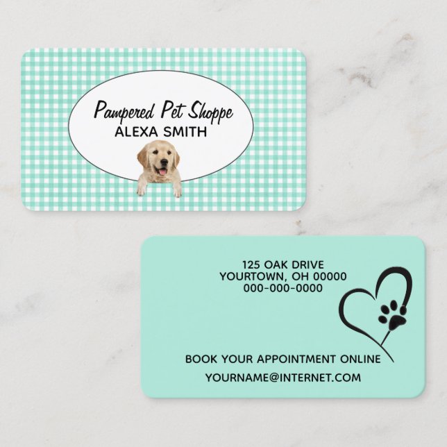 Carte De Visite Golden Retriever sur En vichy pour Pet Grooming (Devant / Derrière)