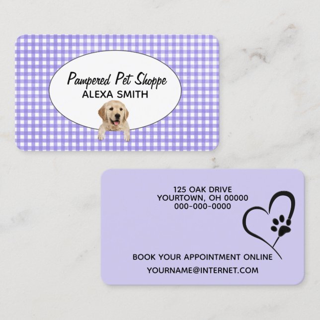 Carte De Visite Golden Retriever sur En vichy pour Pet Grooming (Devant / Derrière)