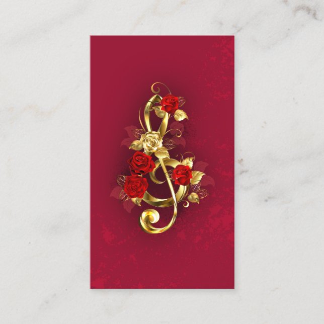 Carte De Visite Golden Treble Clef avec fleurs Roses (Devant)