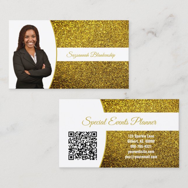 Carte De Visite Golden Yellow Faux Glitter Professional Photo QR (Devant / Derrière)
