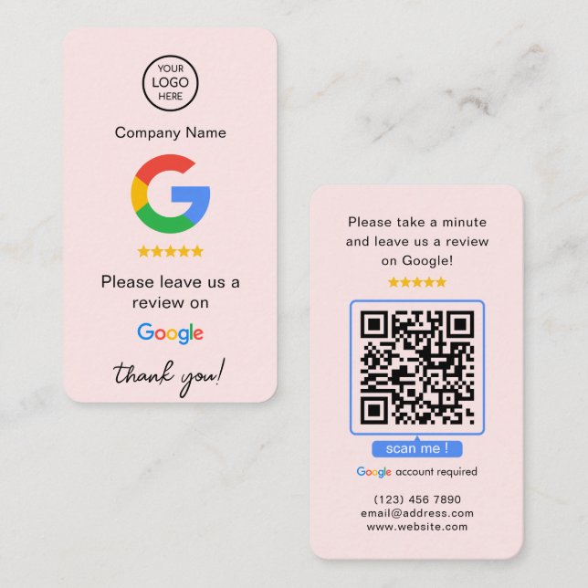 Carte De Visite Google rose Avis QR Code Business Review Us (Devant / Derrière)