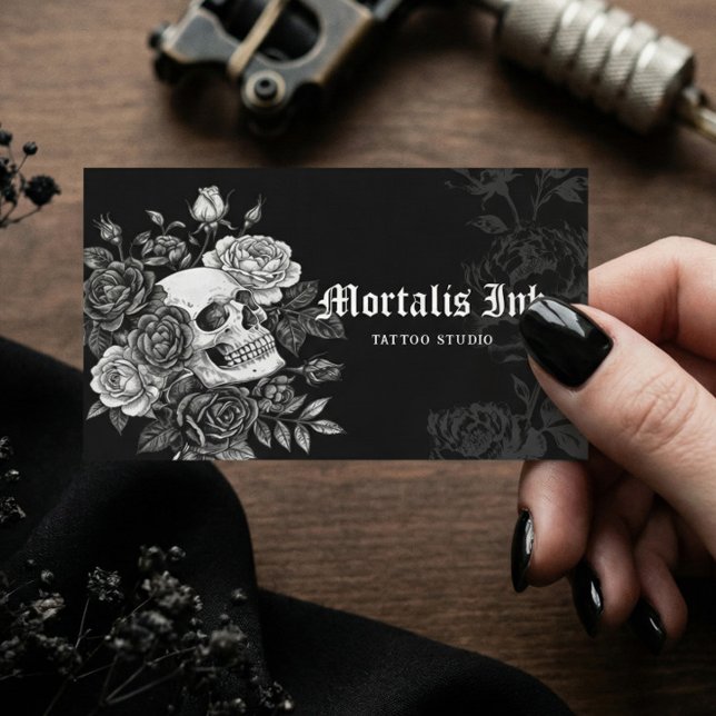 Carte De Visite Gothic Skull & Floral Black Tattoo Studio Artist (Gothic Skull & Floral Black Tattoo Studio Artist Business Card)