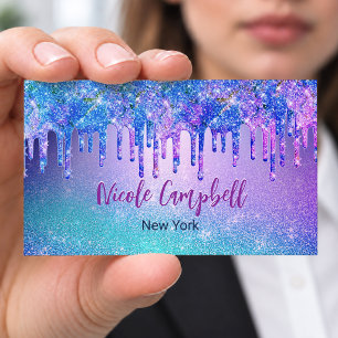 Carte De Visite Gouttes de paillettes dégradées bleu violet chic