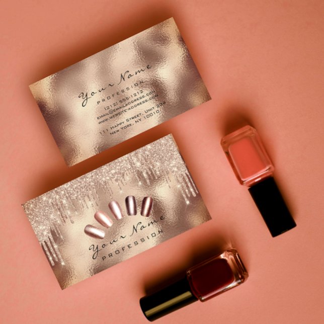 Carte De Visite  gouttes roses de manucure dorée avec paillettes (Nails Art Glitter Skinny Rose Gold Manicure Drips Business Card)