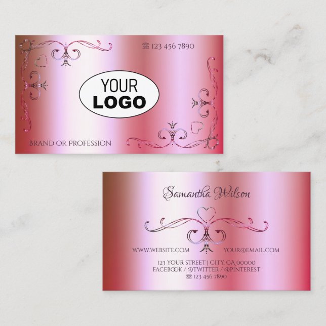 Carte De Visite Gradient vert rose brillant avec logo ornemental (Devant / Derrière)
