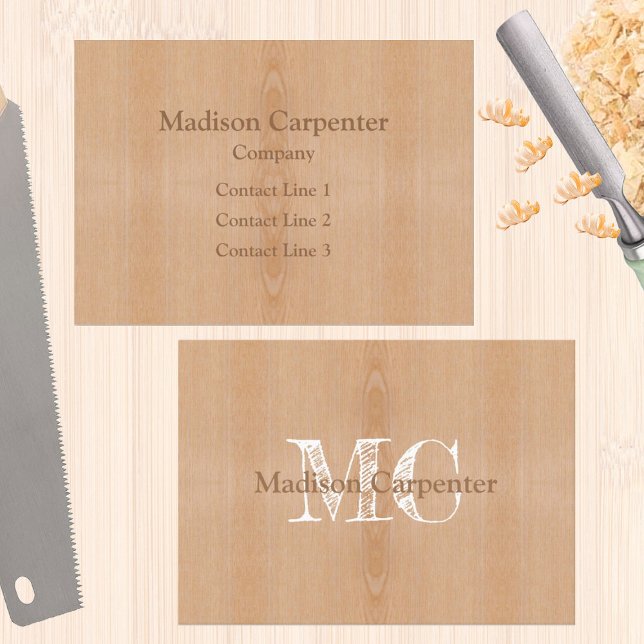 Carte De Visite Grain de bois brun clair Monogramme de menuisier (Custom business card for men, carpenter, wood worker, handy man... )