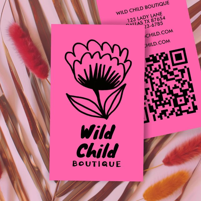 Carte De Visite GRAND BOLD BLOOM Rustic Minimal Floral QR code (BIG BOLD BLOOM Rustic Minimal Floral QR code  Hot Pink Business Card
)