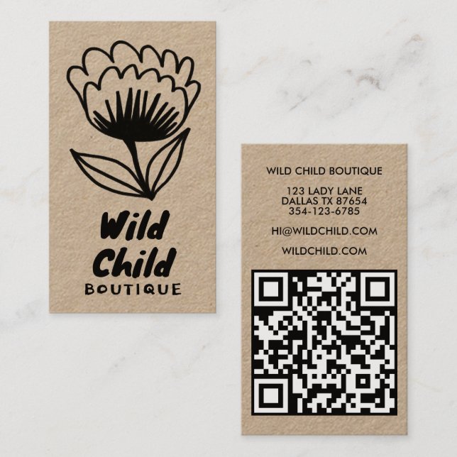 Carte De Visite GRAND BOLD BLOOM Rustic Minimal Floral QR code (Devant / Derrière)