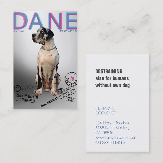 Carte De Visite Grand Danois de style magazine  (Devant / Derrière)