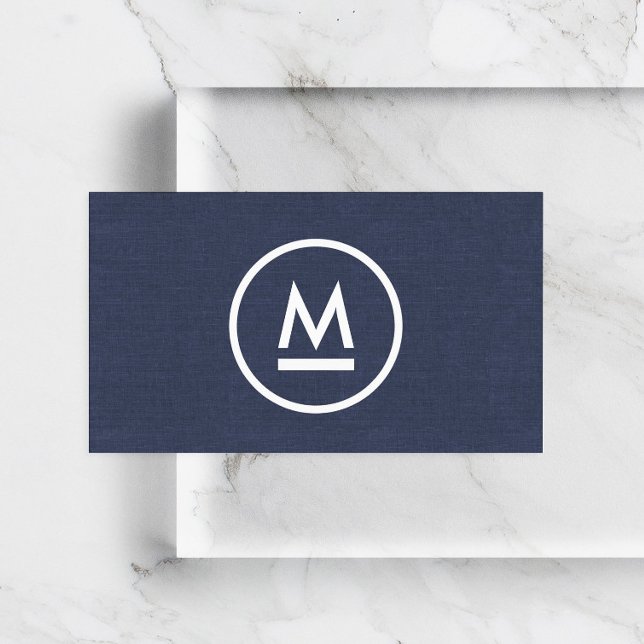 Carte De Visite Grand Monogramme moderne initial sur le lin bleu m (Créateur téléchargé)
