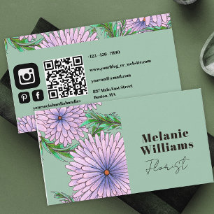 Carte De Visite Grandes fleurs violettes roses sur fleuriste vert